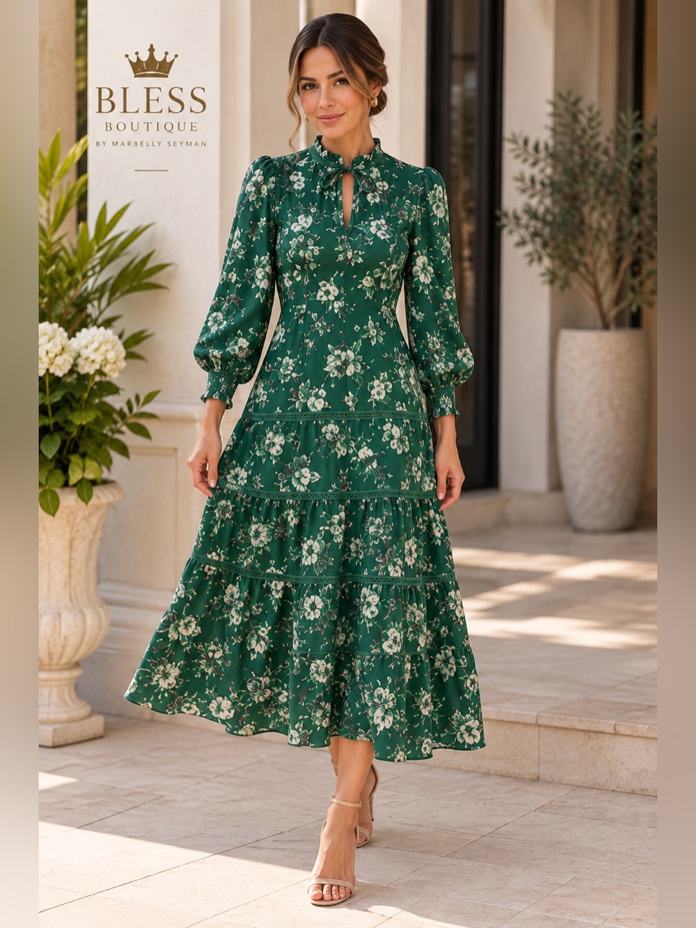 Alice + Olivia Layla Green Floral Tiered Ruffle Midi Dress Size XS
